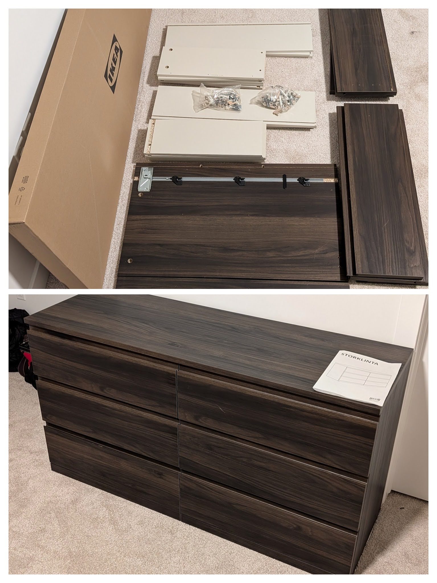 Before and after IKEA STORKLINTA dresser assembly for a customer in Calgary